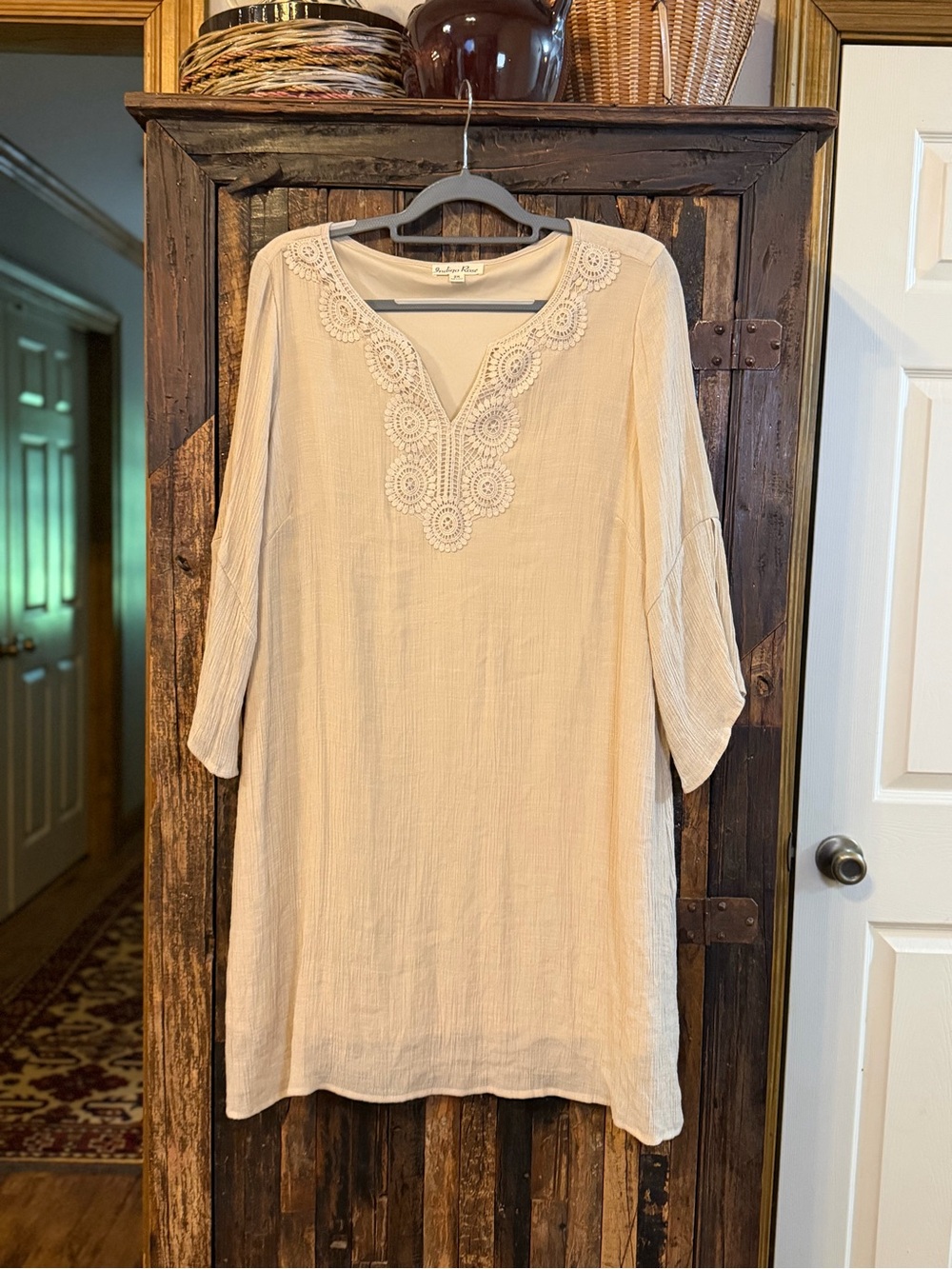 Indigo Rose 2X Cream Crochet Tunic Dress Boho Bell Sleeve Gauze lagenlook